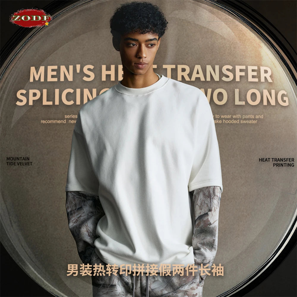 ZODF New Autumn Man Heat Transfer Printing T-Shirt Unisex Oversized 340gsm Fake 2-Piece Long Sleeve T Shirts Brand Tops HY1113
