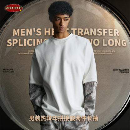 ZODF New Autumn Man Heat Transfer Printing T-Shirt Unisex Oversized 340gsm Fake 2-Piece Long Sleeve T Shirts Brand Tops HY1113