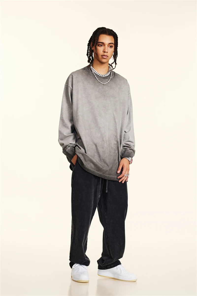 ZODF 2024 Autumn Men's Washed Cotton T-Shirt Unisex Oversized Distressed 250gsm Long Sleeve O Neck T Shirts Tees HY0921