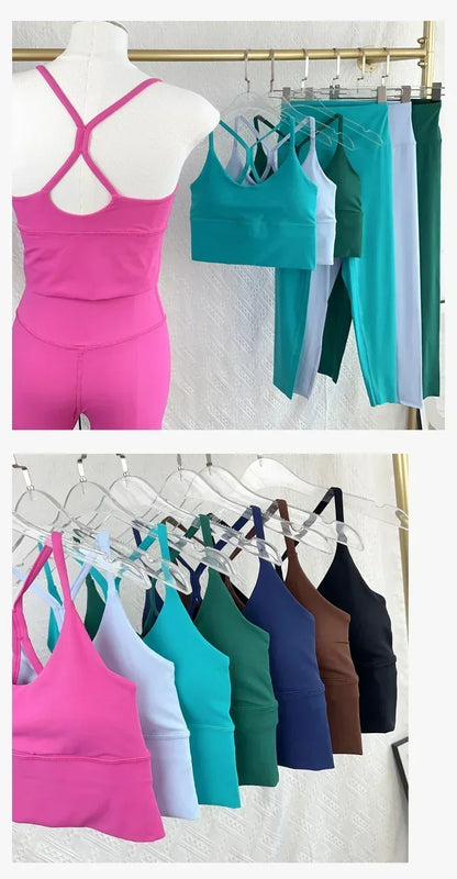 2 Piece Yoga Set Sportswear Fitness Suit with Sexy Cross Back Top and High Waist Elastic Leggings for Running Workout