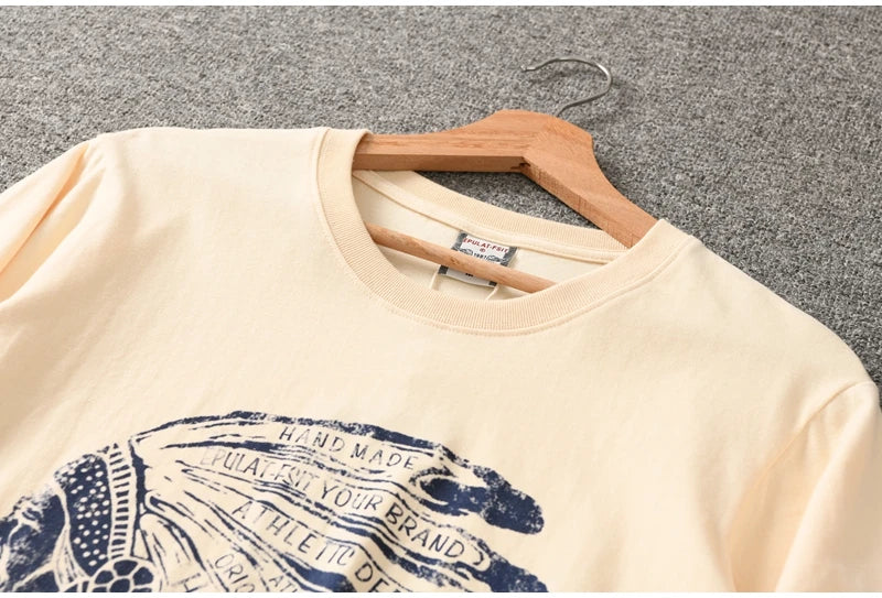 Autumn New American Retro Long Sleeve O-neck Indian Printed T-shirt Men's Fashion 100% Cotton Washed Casual Bottoming Tops