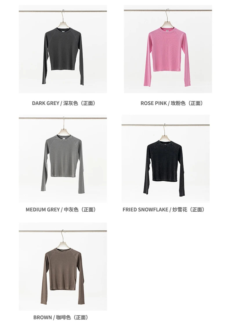 ZODF Sexy Autumn Washed 275gsm Full Sleeve T Shirt For Women Ladies Girls Slim Fit Distressed T-Shirts Tops HY1145