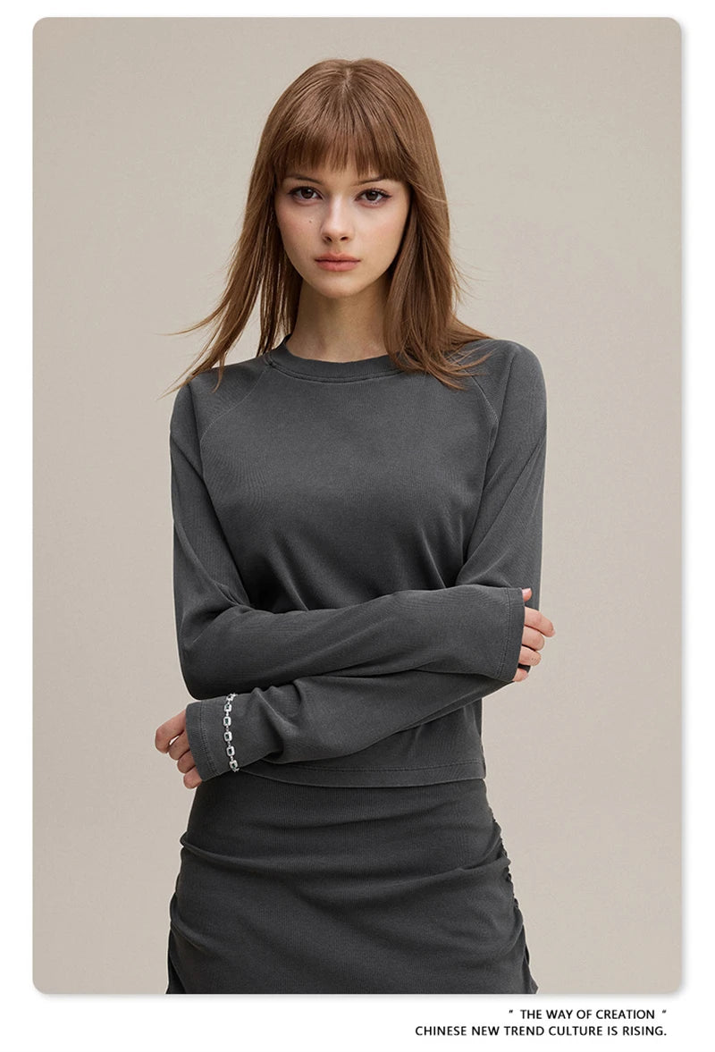 ZODF Sexy Autumn Washed 275gsm Full Sleeve T Shirt For Women Ladies Girls Slim Fit Distressed T-Shirts Tops HY1145