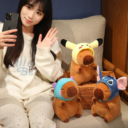 Capybara Soft Doll Cute Stuffed Capibara Anime With Pikachu Stitch Kuromi Hat Toy Kawaii Plushie Xmas Gift for Girl Friend