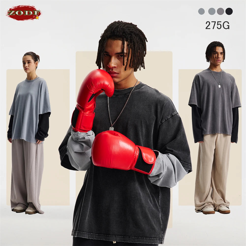 ZODF Retro Fake 2-Piece Cotton T-Shirts For Man Unisex Distressed Full Sleeve Washed O Neck T Shirt Brand Tees HY1156