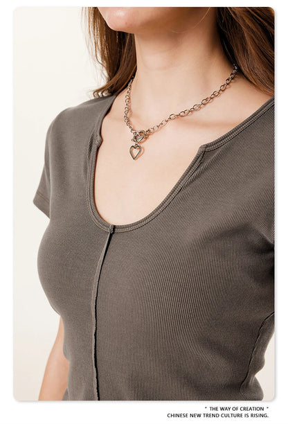 ZODF Women Retro 2025 Summer 275gsm U Collar Washed T-Shirts Hotsweet Girls Sexy Slim Fit T Shirt Brand Tees HY0992