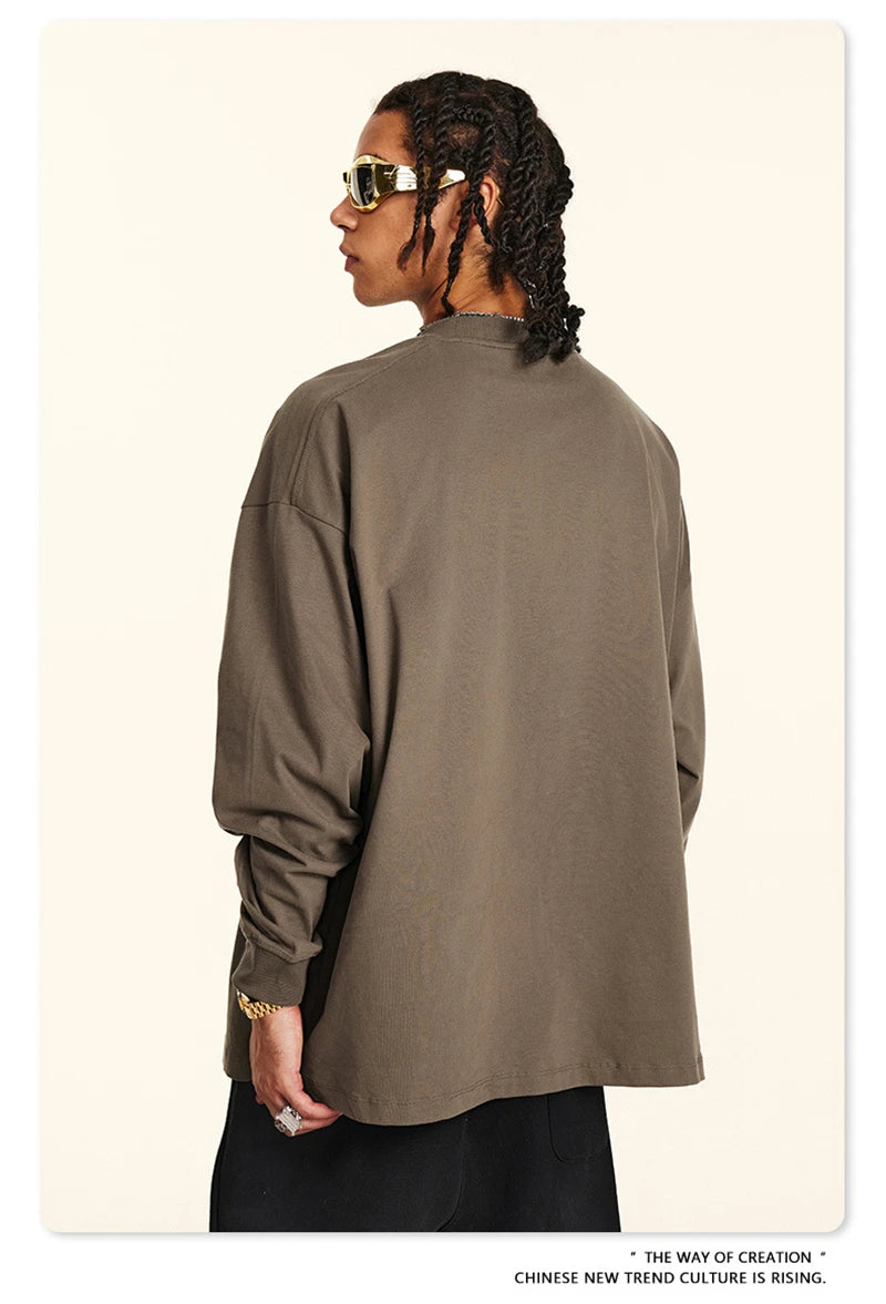 ZODF New 2024 Autumn 225gsm Loose Solid T-Shirt For Men Retro Unisex Antibacterial Full Sleeve T Shirts Brand Tops HY0871