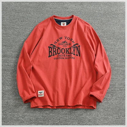 Autumn New American Retro Long-sleeved O-neck Letter Printed T-shirt Men's Fashion Simple 100% Cotton Washed Casual Sport Tops