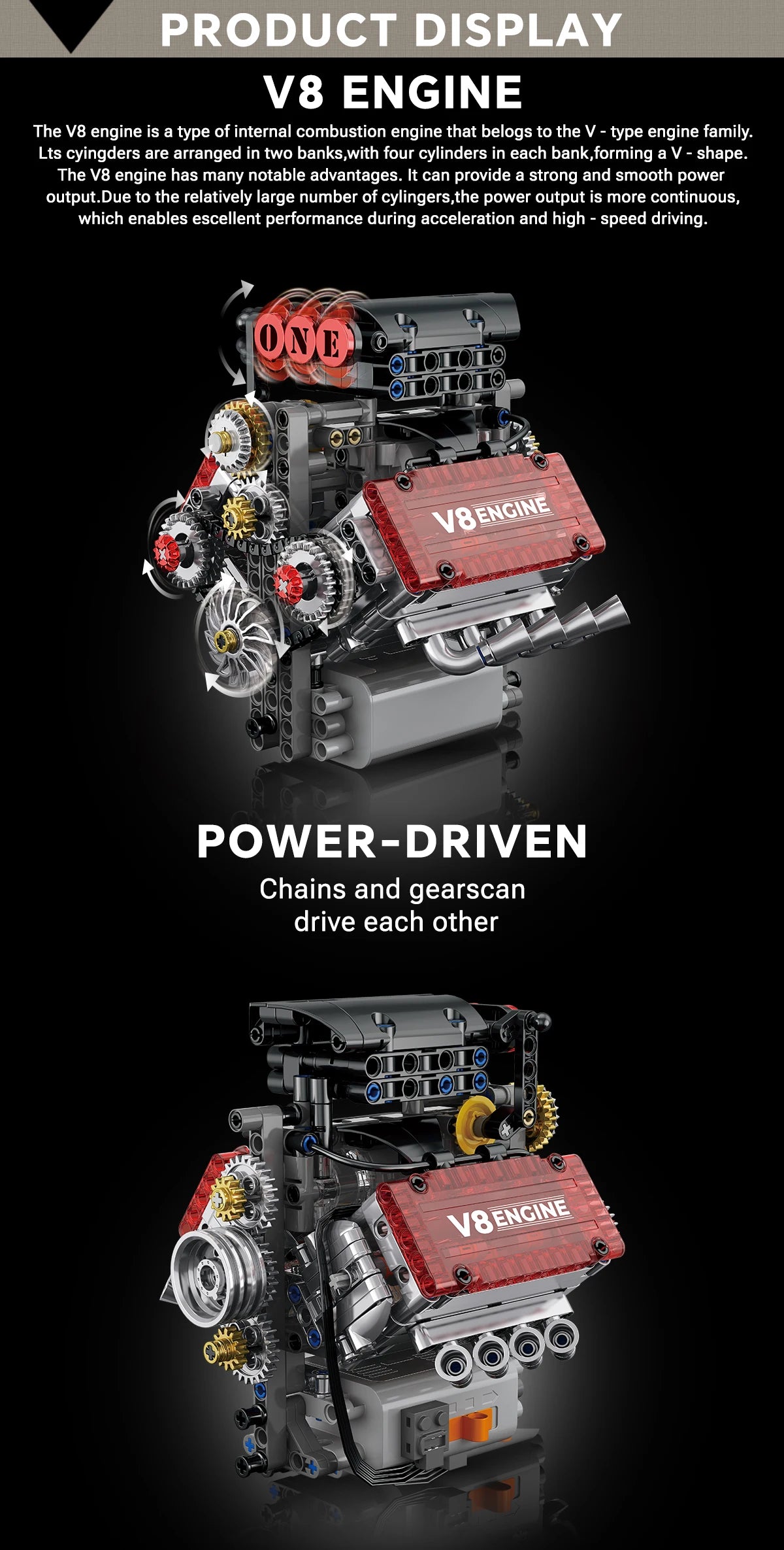 Brick V8 Engine Motorized Simulation Model Electrically Drive Building Blocks Technical Car Parts Creative Toys Gifts Boys Adult