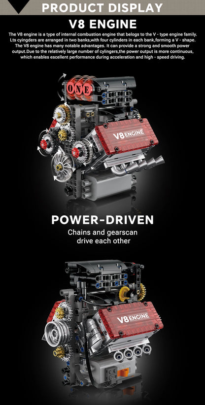 Brick V8 Engine Motorized Simulation Model Electrically Drive Building Blocks Technical Car Parts Creative Toys Gifts Boys Adult