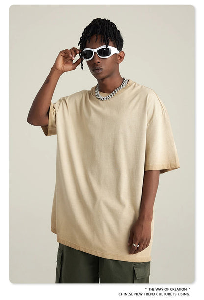 ZODF 2023 Men's Summer 255G Wash Gradient Fried Cotton T Shirt Round Neck Short Sleeve American Retro Loose T-Shirt HY0547