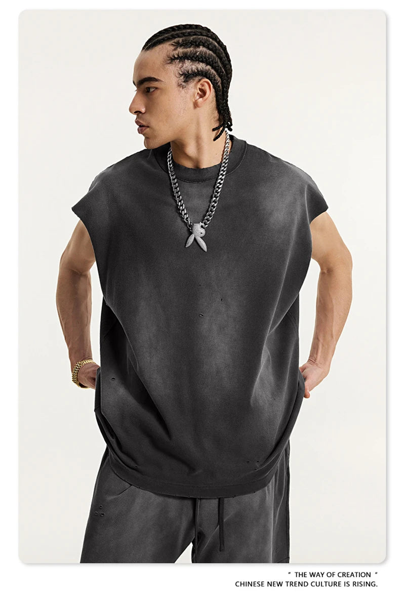 ZODF 2025 Summer 285gsm Washed Tank Tops For Men Unisex American Retro Cut Distressed Oversized Sleeveless TEE Vest HY1006