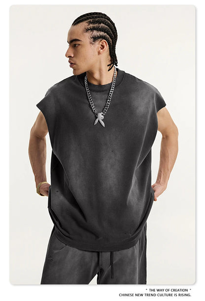 ZODF 2025 Summer 285gsm Washed Tank Tops For Men Unisex American Retro Cut Distressed Oversized Sleeveless TEE Vest HY1006