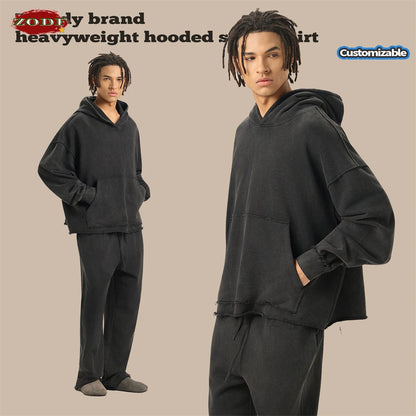 ZODF Retro Winter Men Washed 100% Cotton Boxy Hoodies Unisex Loose Fit Distressed Hooded Pullovers Coats Brand Outfits HY0048