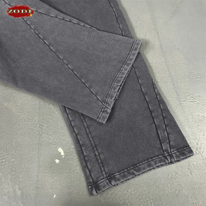 ZODF Retro 2025 Autumn Man Washed Cotton Straight Pants Unisex 430gsm Distressed Patchwork Oversized Trousers Sweatpants HY1168