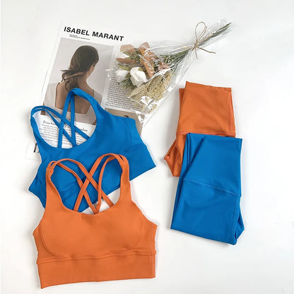 2 Pieces Yoga Set Women Gym Set Workout Clothes Sports Suits High Waist Leggings Cross Straps Fitness Bra Top Running Tracksuit