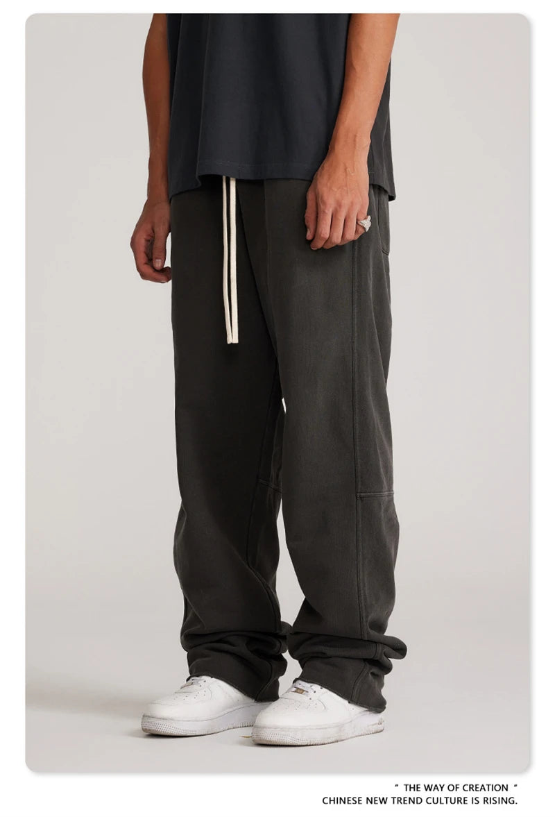 ZODF 2023 Spring Men 380gsm Washed Cotton Pants American Retro Unisex Loose Edge Oversized Straight Trousers Streetwears HY0537