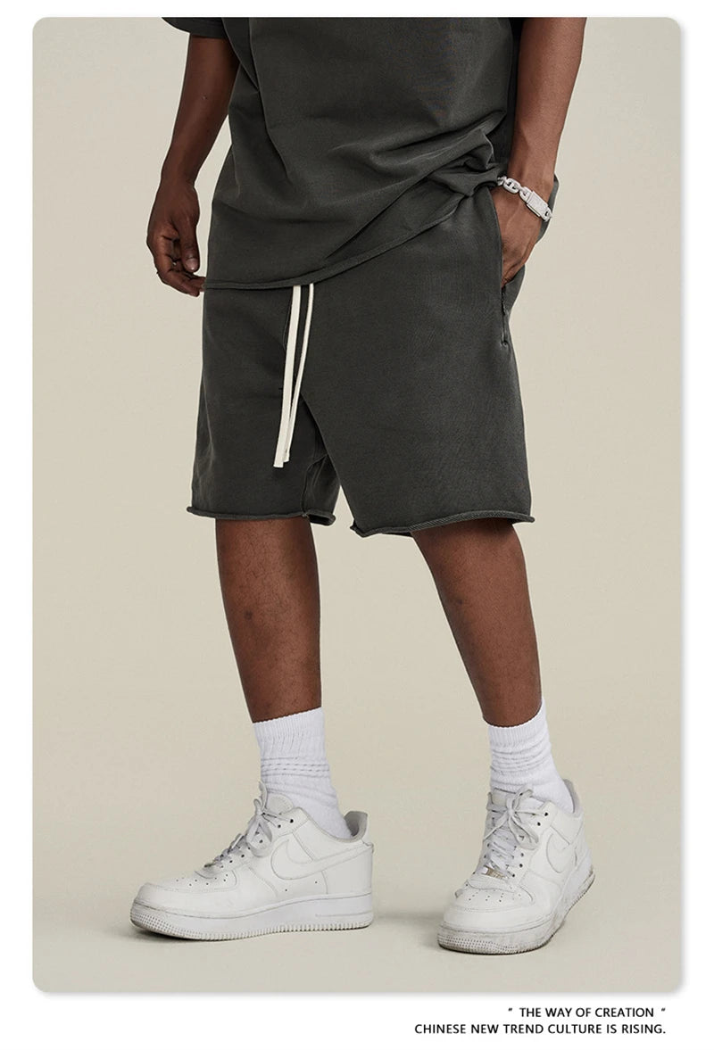 ZODF New Summer Men Retro Washed Shorts Unisex Drawstring Loose Edge 420gsm Solid Knee Length Cotton Pants Streetwears HY0589
