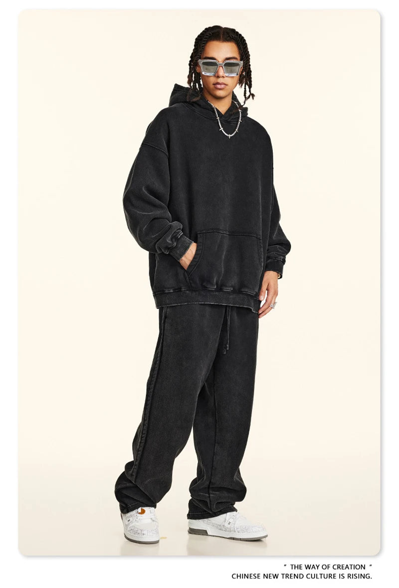 ZODF Retro Men’s Winter Washed Fleece Hoodie 360gsm Warm Knitted Loose Hooded Pullover Streetwear HY0887
