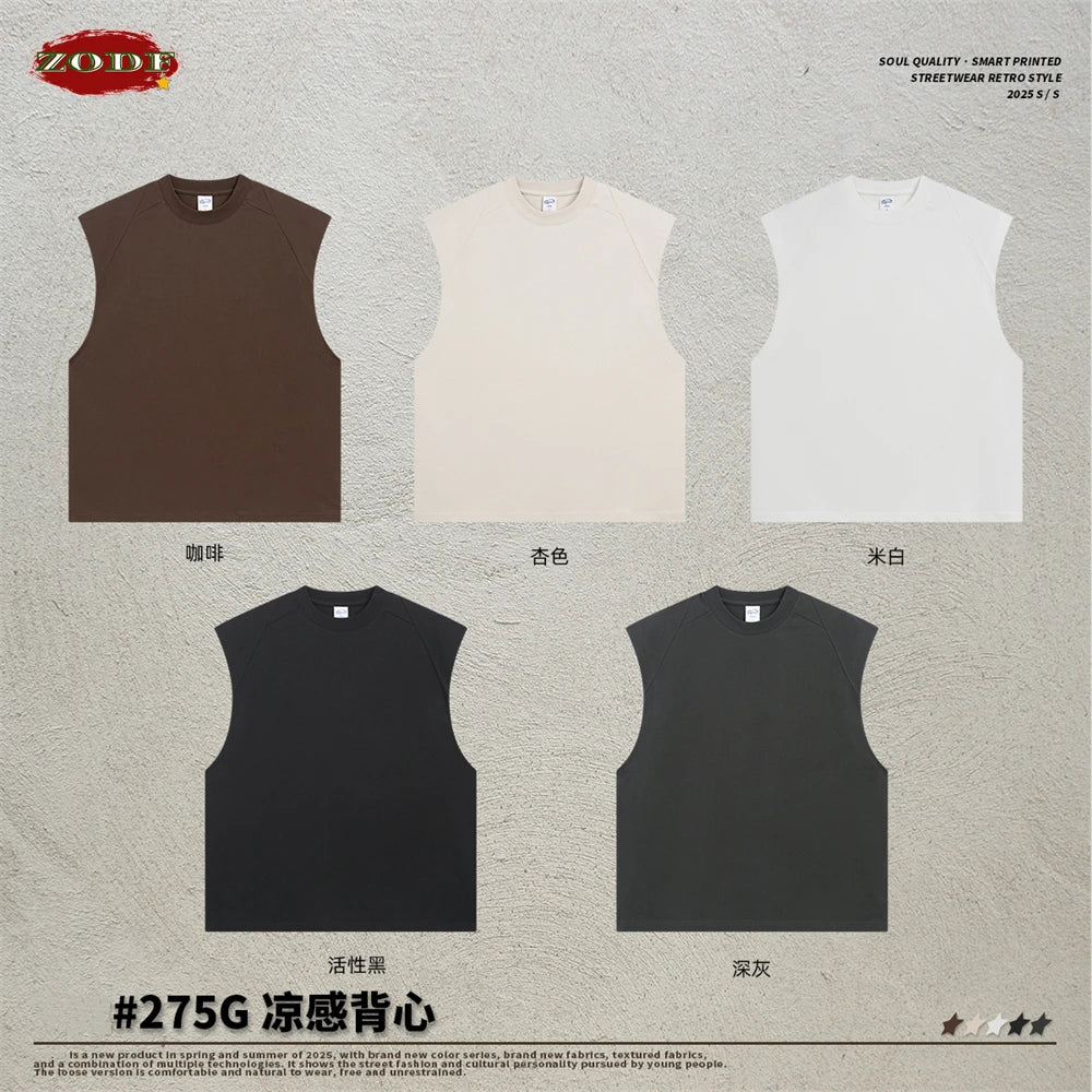 ZODF Trendy Men Summer Solid Cotton Tank Tops Unisex Oversized 275gsm Patchwork Sleeveless Tees Vests HY1051