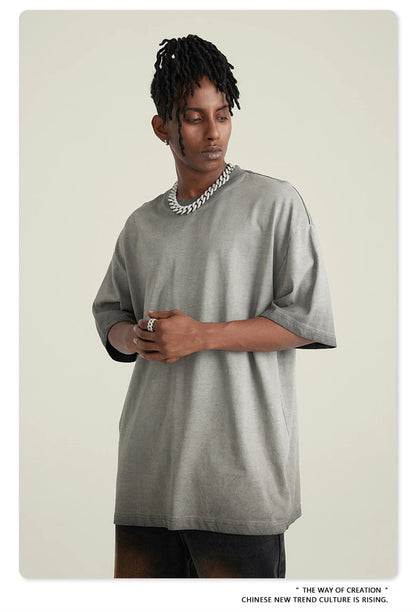 ZODF 2023 Men's Summer 255G Wash Gradient Fried Cotton T Shirt Round Neck Short Sleeve American Retro Loose T-Shirt HY0547