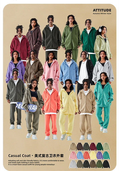 ZODF Basic Winter Men Fleece Zipper Hoodies Unisex Casual Loose 350gsm Warm Solid Hooded Sweatshirts Coats 18 Colors HY0726