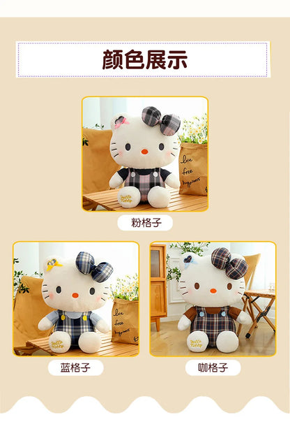 Sanrio Hello Kitty Plush Toy Retro Plaid Skirt Kitty Doll Stuffed Animal Creative Gift for Kids Birthday Christmas Girls Pillow