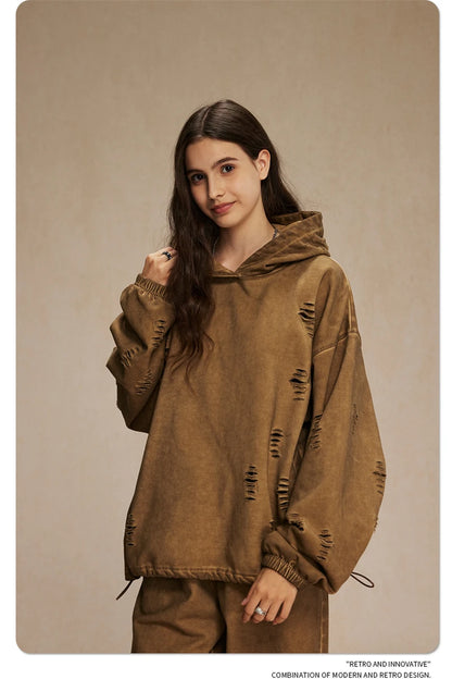 ZODF Vintage Winter Men Distressed 450gsm Hoodies Unisex High Street Ripped Holes Elastic Hem Hooded Pullovers Coat HY0932