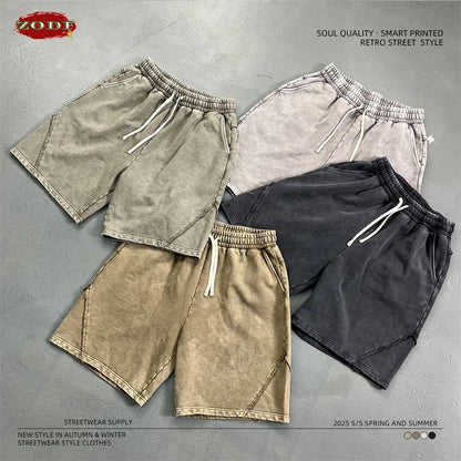 ZODF Retro Men Heavy-Weight Washed 430gsm Shorts Unisex High Street Patchwork Summer Distressed Cotton Shorts HY1035