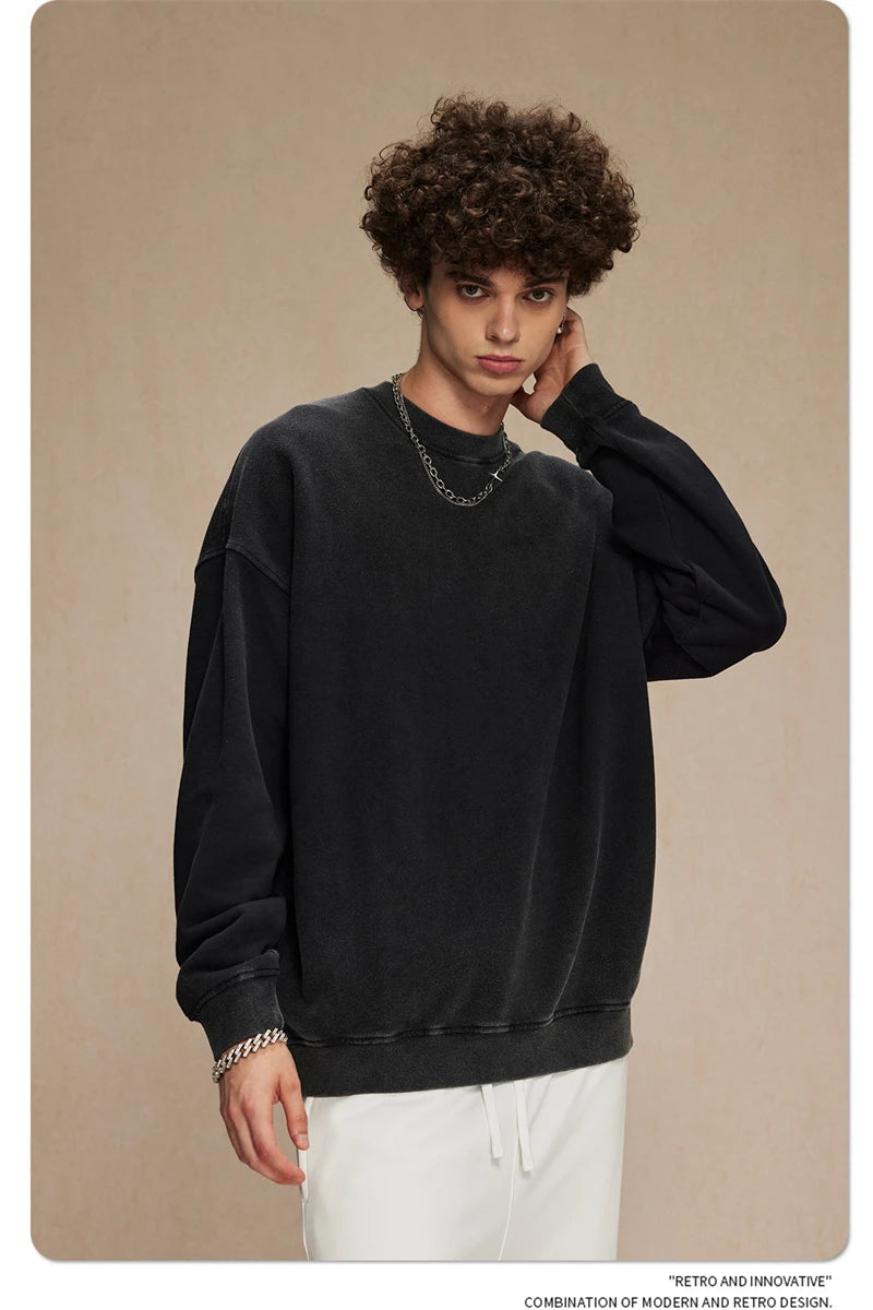 ZODF 2024 Autumn Men's Washed Sweatshirt Unisex Women Retro Solid 430gsm Terry Cotton O Neck Pullovers Coat HY0880