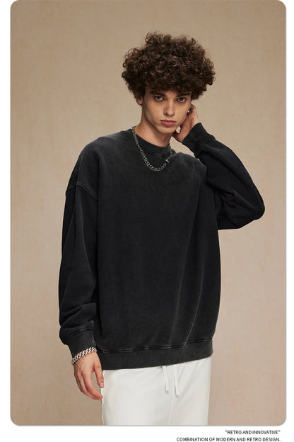 ZODF 2024 Autumn Men's Washed Sweatshirt Unisex Women Retro Solid 430gsm Terry Cotton O Neck Pullovers Coat HY0880