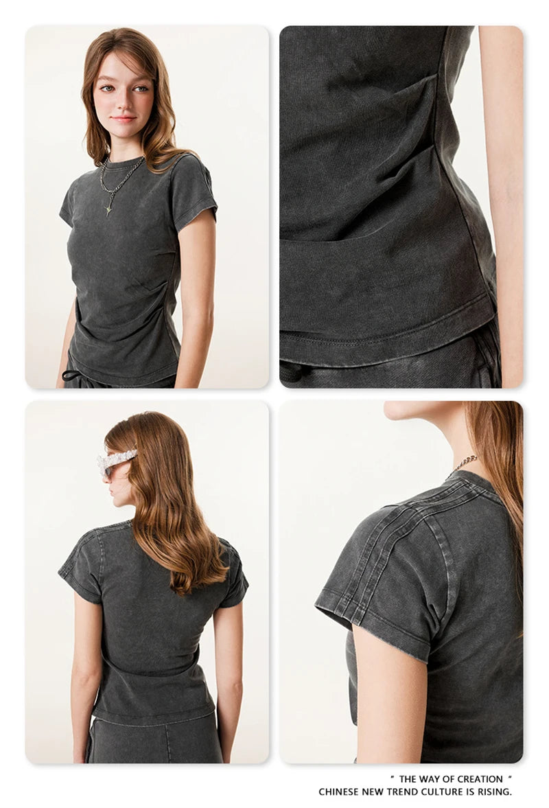 ZODF Retro 2025 Summer Women 285gsm T-Shirts Hotsweet Girls Sexy Slim Fit Washed Distressed T Shirt Brand Tees HY1013