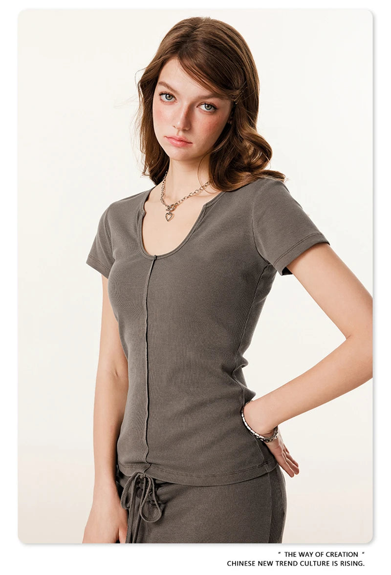 ZODF Women Retro 2025 Summer 275gsm U Collar Washed T-Shirts Hotsweet Girls Sexy Slim Fit T Shirt Brand Tees HY0992