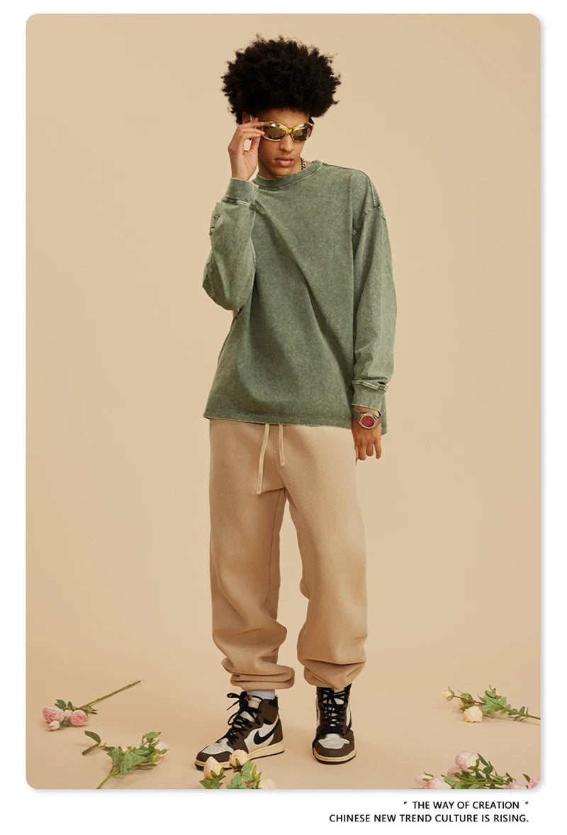 ZODF Retro 2025 Men Autumn Batik Washed T Shirt Unisex Oversized Basic Long Sleeve Solid 270gsm Cotton T-Shirts Tees HY0641