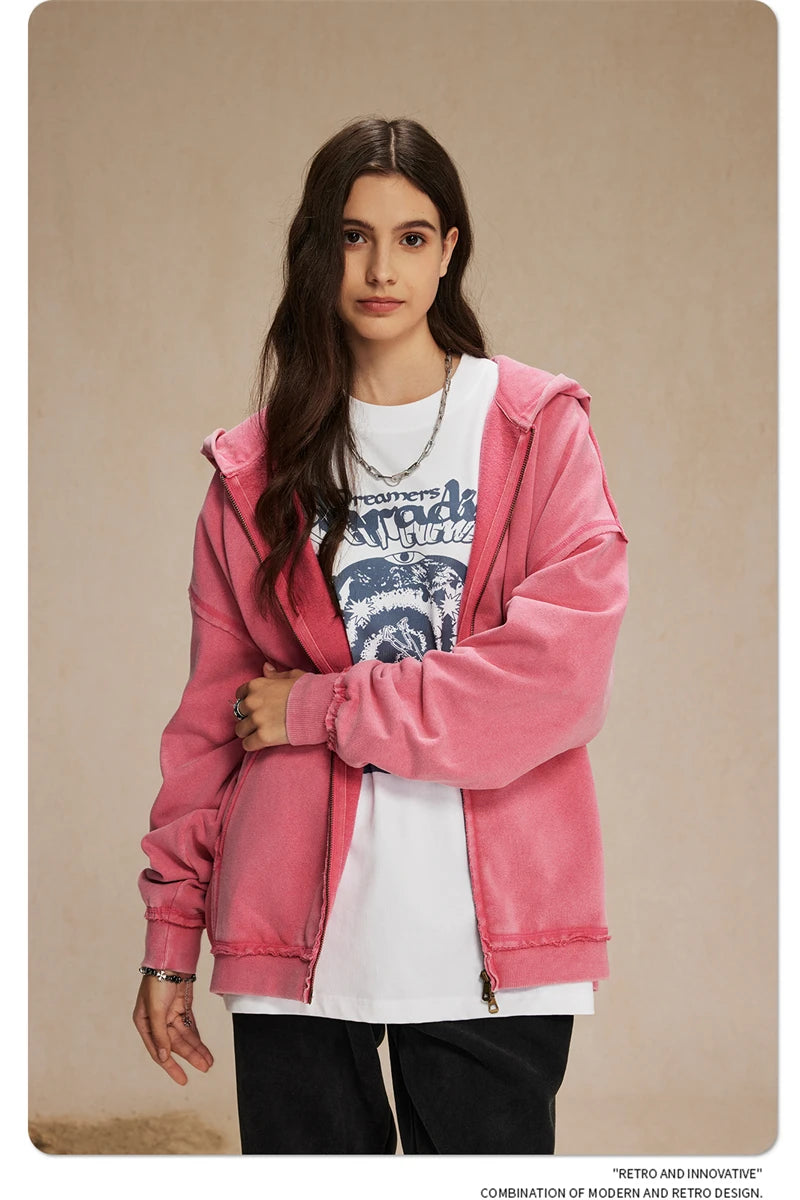 ZODF Retro Men's Heavyweight 450gsm Zipper Hoodies Unisex Loose Distressed Washed Batik Knitted Hooded Coat Jacket HY0889