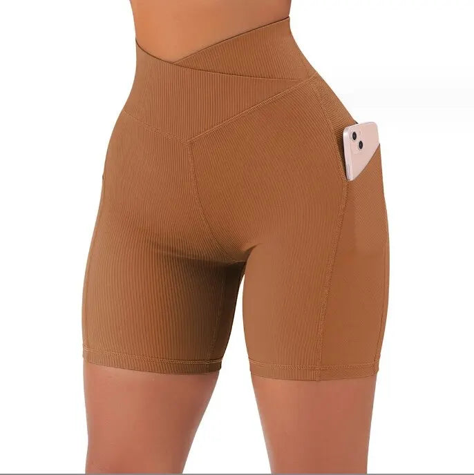 Women’s High Waist 5’’ Booty Biker Sports Shorts with Pockets for Cross Workout and Yoga - Khaki color / L