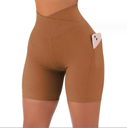 Women’s High Waist 5’’ Booty Biker Sports Shorts with Pockets for Cross Workout and Yoga - Khaki color / L