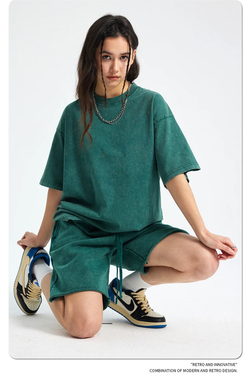 ZODF 2025 High Street Summer Washed Cotton Unisex Loose Retro Solid T-Shirt HY0113