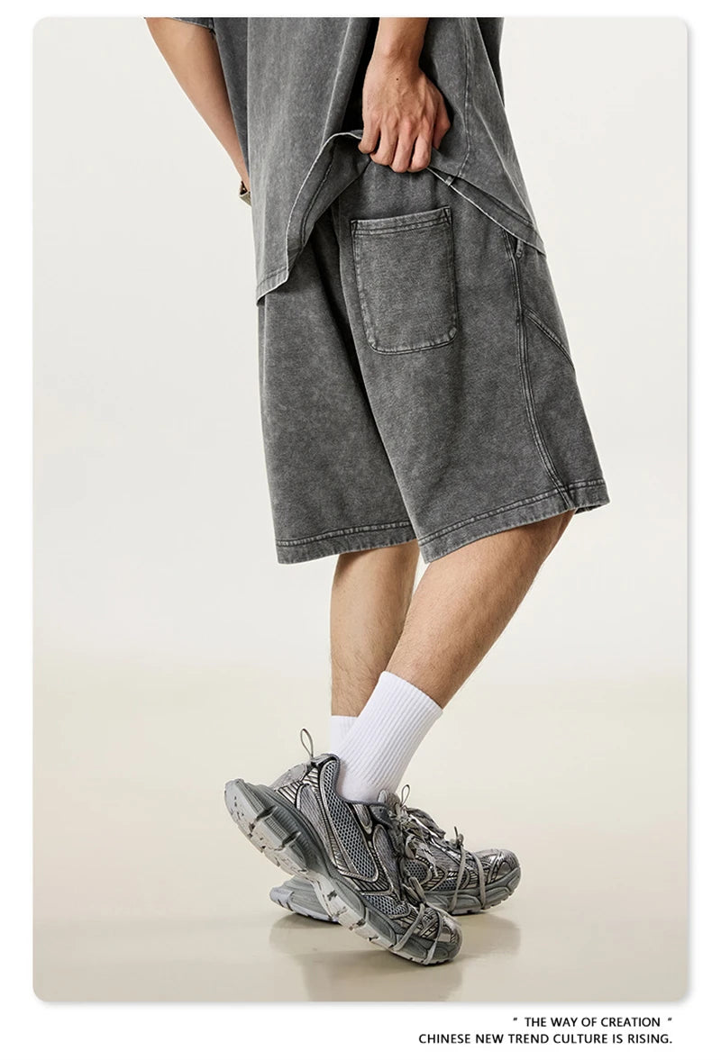 ZODF New Men Fire Snowflake Washed 330gsm Shorts Unisex High Street Summer Distressed Sport Cotton Shorts HY1028