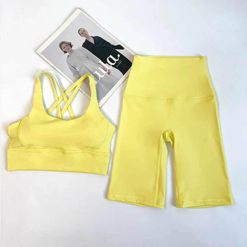 2 Pieces Yoga Shorts Gym Sports Sets Women Fitness Suits Cross Back Bra Top High Waist Shorts Running Workout Clothes Tracksuit