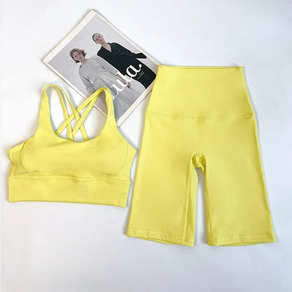 2 Pieces Yoga Shorts Gym Sports Sets Women Fitness Suits Cross Back Bra Top High Waist Shorts Running Workout Clothes Tracksuit