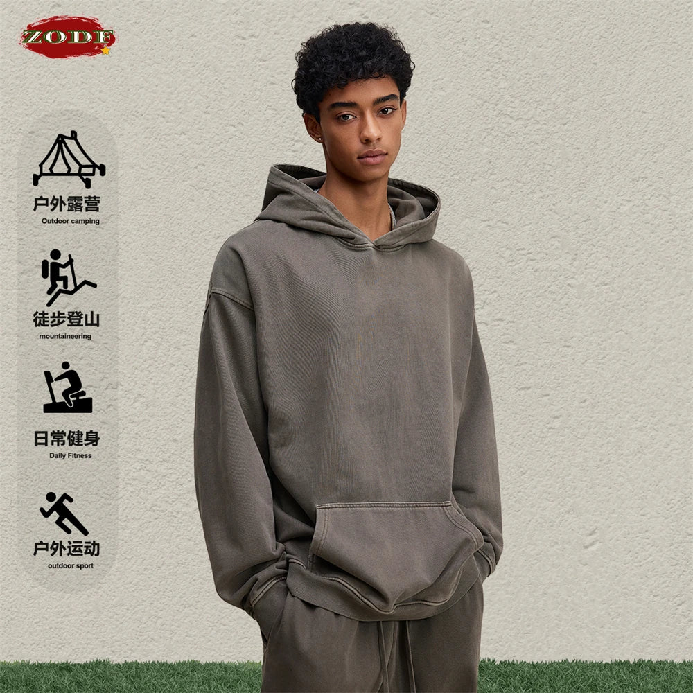 ZODF Retro Heavy Weight 480gsm Cotton Hoodies For Man Unisex Oversized Washed Distressed Hooded Pullovers Brand Coats HY1115