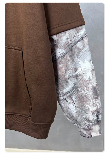 ZODF Fashion Winter Fake 2-Piece 340gsm Fleece Hoodies For Men Unisex High Street Camouflage Sleeve Hooded Pullovers HY1153