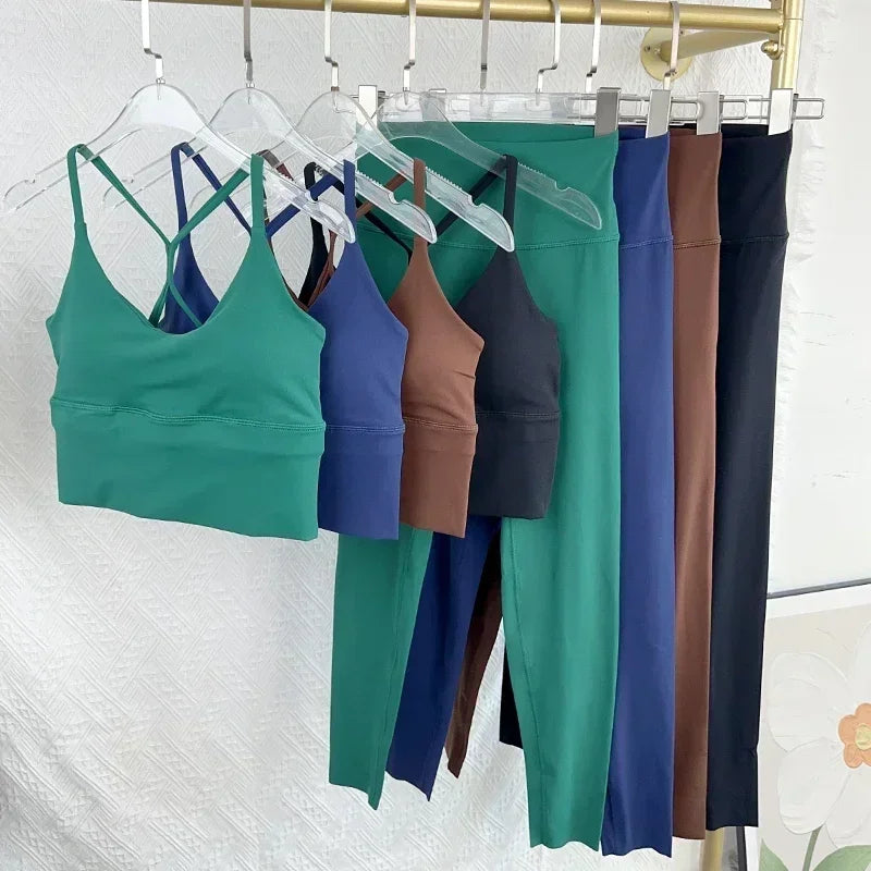 2 Piece Yoga Set Sportswear Fitness Suit with Sexy Cross Back Top and High Waist Elastic Leggings for Running Workout