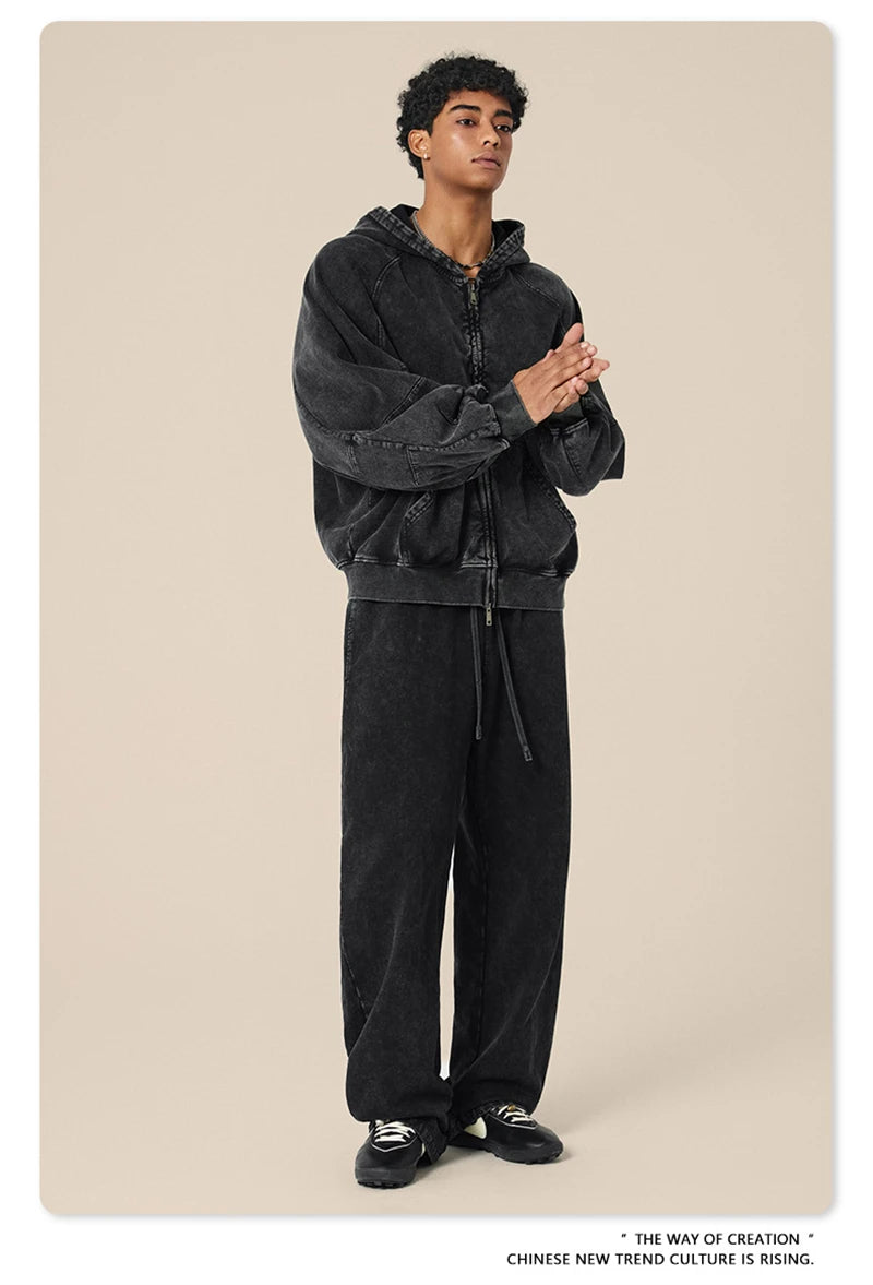 ZODF Heavy Wieght 480gsm Washed Cotton Boxy Zipper Hoodies For Man Unisex Retro Patchwork Off Shoulder Hooded Coats HY1152