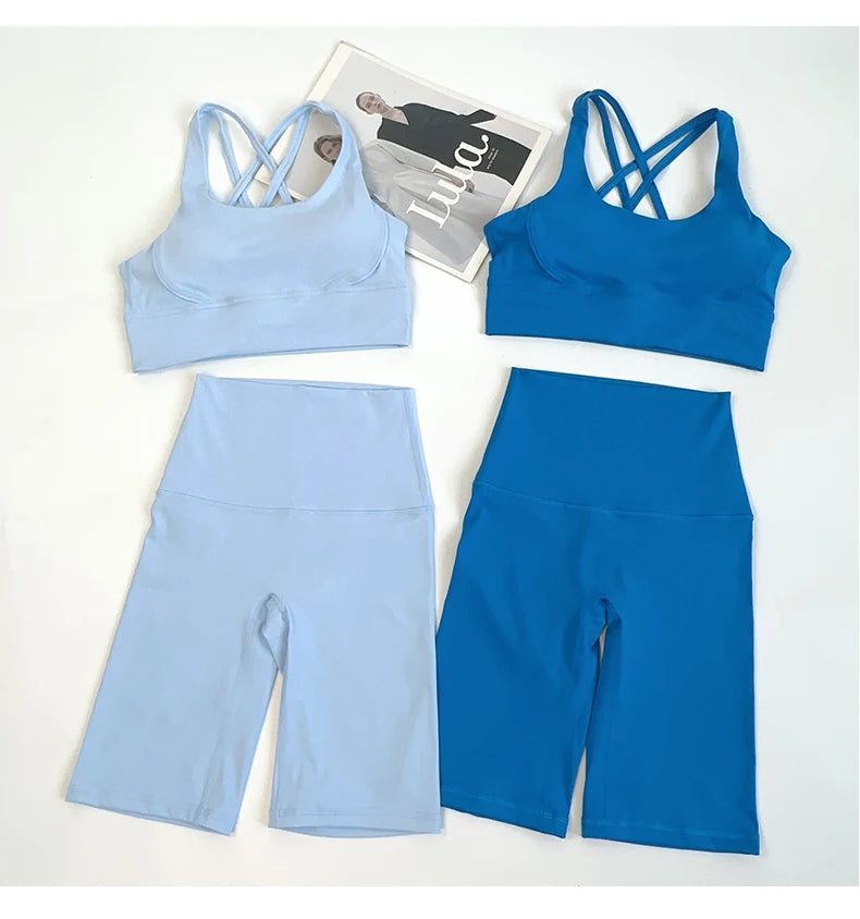 2 Pieces Yoga Shorts Gym Sports Sets Women Fitness Suits Cross Back Bra Top High Waist Shorts Running Workout Clothes Tracksuit