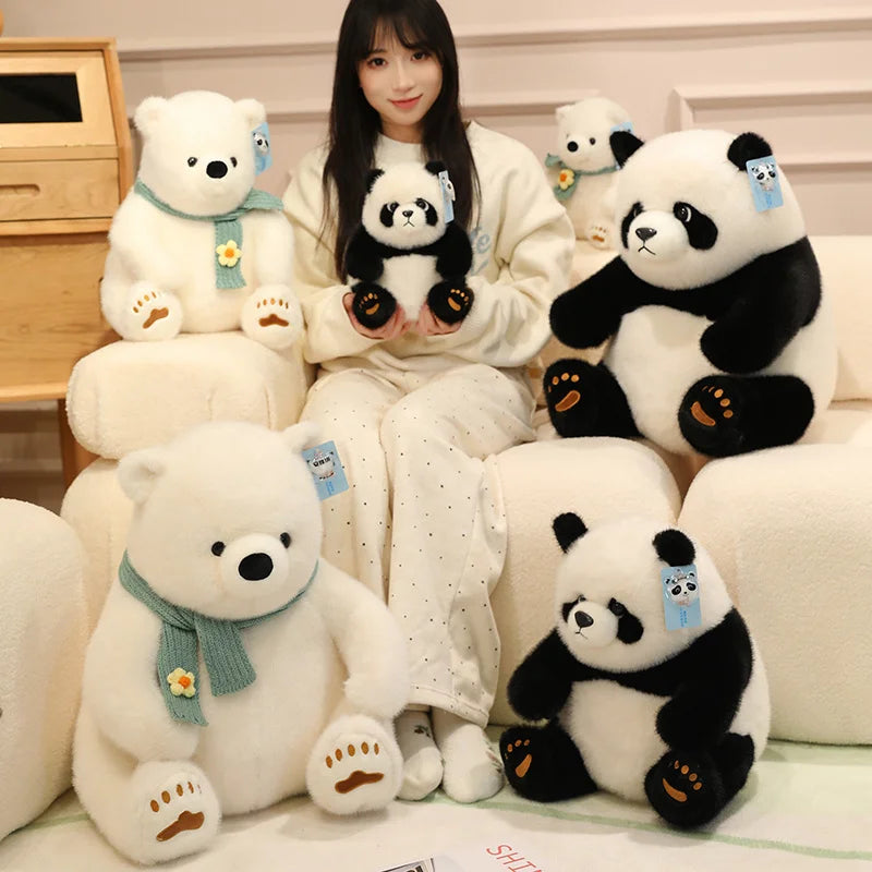 Artificial Fluffy Plush Stuffed Animal Cute White Bear Black White Panda Plushies Kawaii Scarf Decor Polar Bear Toys