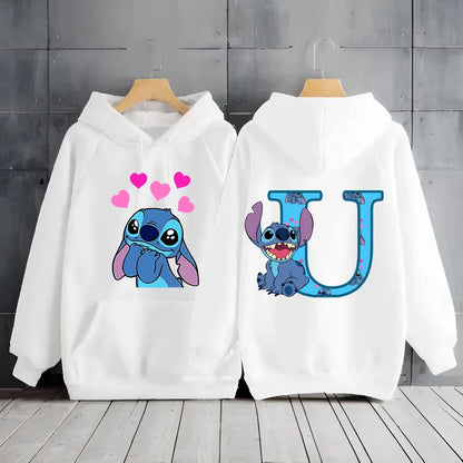 2025 Women's Winter Jacket Cute Kawaii Disney Lilo & Stitch Lucky Letter Print White Hoodie Fashion Couple Streetwear Sportswear