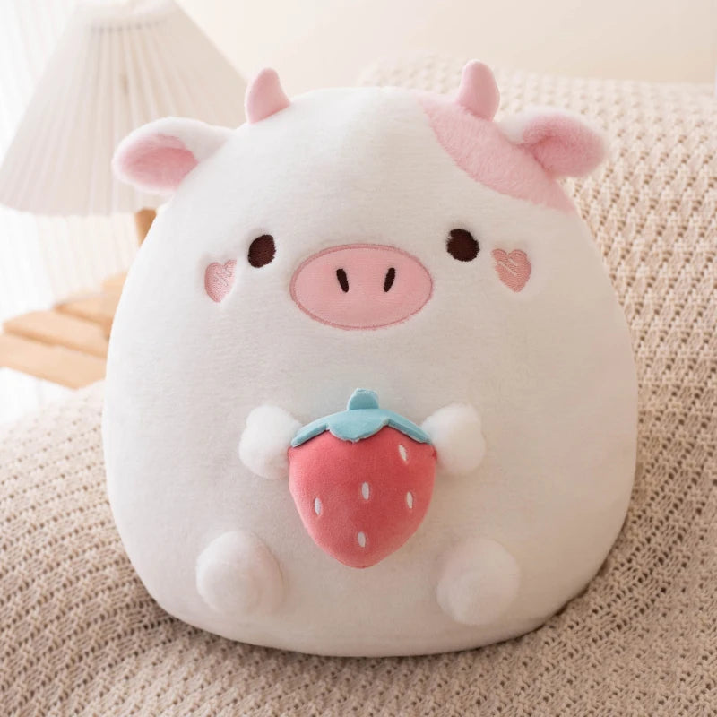 ZU New Arrival Kawaii Stuffed Animal Strawberry Cow Popcorn Cat Plushies Doll Huggable Fat Big Hug Pillow Sofa Bed Decor Cushion
