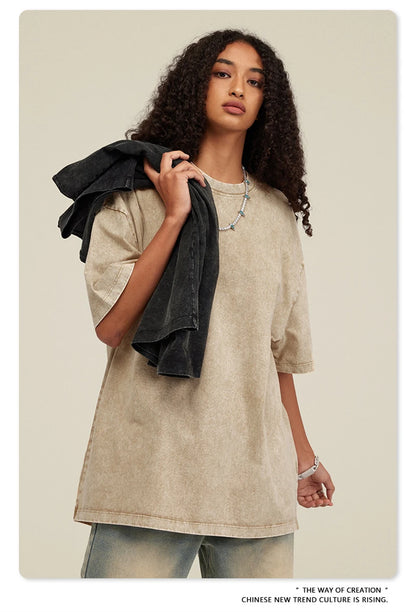 ZODF New Summer Men Washed Batik Cotton T Shirts Unisex American Retro High Street 270gsm Short Sleeve Tees Streetwear HY0489